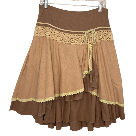 Deiby Mode Dresses & Skirts - Womens Dieby Mode Y2K Boho Tiered Lace Trim Brown Skirt - Size Medium